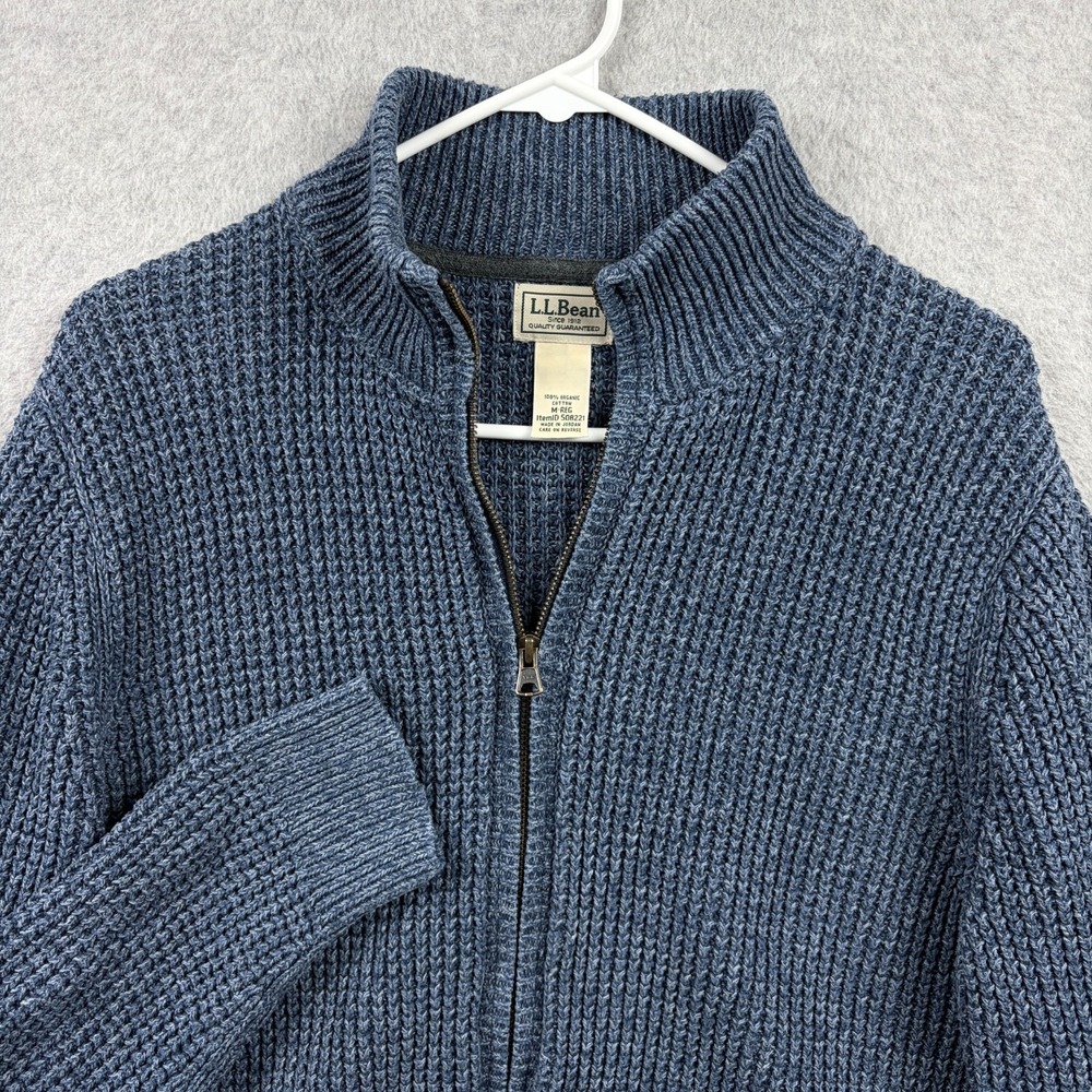 LL Bean Sweater Mens Medium Blue Organic Cotton Waffle Full Zip Heavy Fisherman